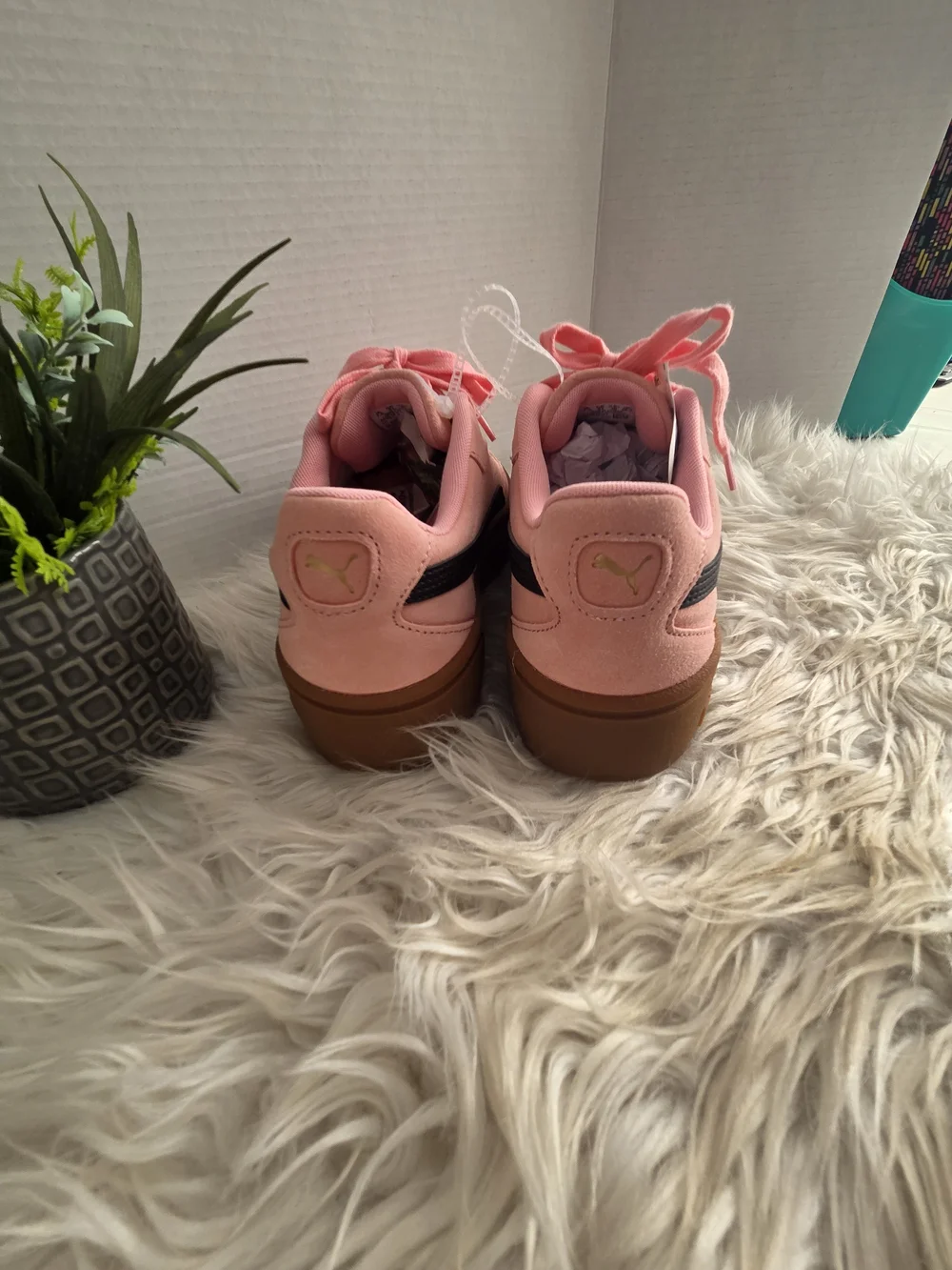 Puma Pink Suede Sneakers with Black Formstripe and Brown Gum Sole